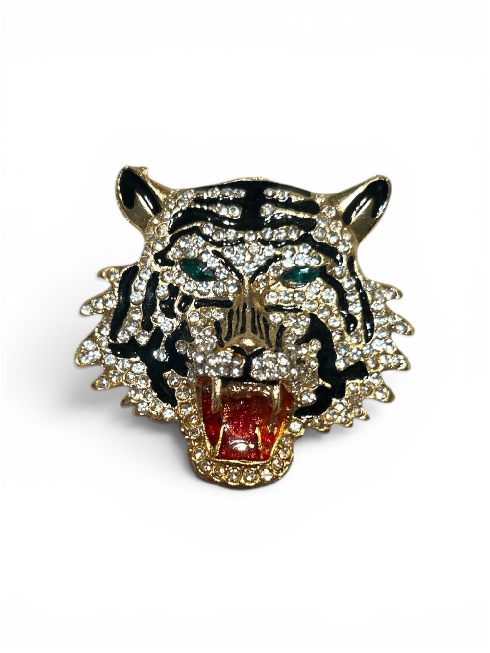 Sparkling Tiger Head Brooch with Red Tongue and Emerald Eyes